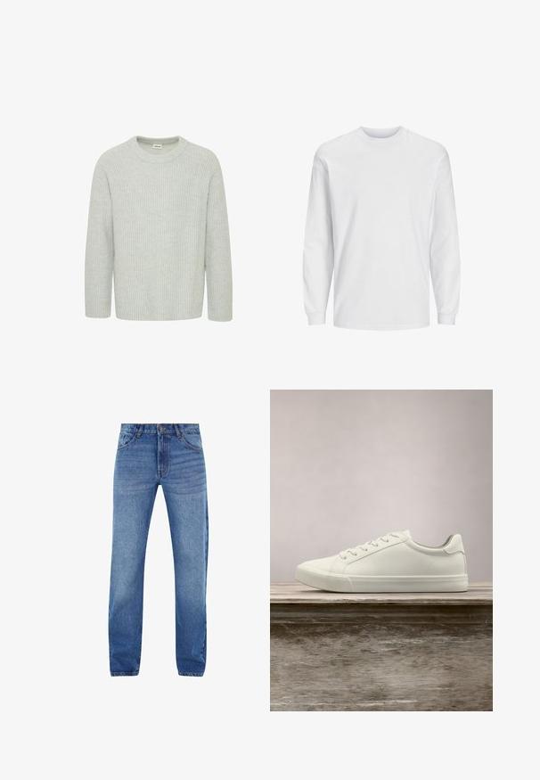 Suéter de punto acanalado gris claro con escote redondo y mangas de tres cuartos, que presenta un patrón texturizado y un ajuste holgado.; Camiseta blanca de manga larga hecha de algodón. Presenta un cuello redondo y un diseño liso sin patrones ni adornos. Textura suave y lisa.; Vaqueros de denim azul con corte recto, cinco bolsillos y cremallera. Desgaste sutil en la parte frontal, detalles cosidos en color naranja.; Zapatilla blanca con cordones flotando sobre un banco de madera con follaje verde al fondo, mostrando el diseño y la textura del zapato.