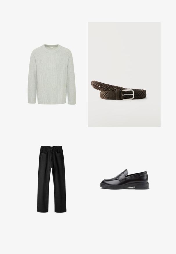 Lys grå, ribbet striktrøje med rund halsudskæring og trekvartærmer, med et struktureret mønster og en afslappet pasform.; Sorte denim jeans med lige snit, fem lommer og knaplukning. Har subtil tekstur og kontrastsyninger.; Sorte læder loafers med en lav ribbet hæl, rund tå, dekorerende syede detaljer og en frontrem. Glat tekstur.; Mørkebrun flettet læderbælte med en sølvfarvet rektangulær spænde på en hvid baggrund, rullet i en spiral.