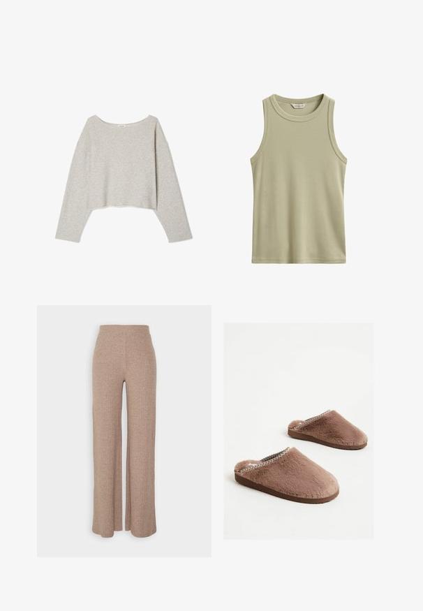 Lys grå, cropped sweater lavet af blød stof, med en bred udskæring og lange ærmer i en afslappet pasform. Syet kantdetalje.; Beige ribstrikket ærmeløs tanktop med rund halsudskæring og synligt Gant-mærke inde i kraven.; Beige ribbede vide bukser med høj talje og blød tekstur, der har en løs pasform og ingen synlige lukninger.; Brune, fluffy tøfler med en blød tekstur, rund tådesignet og dekorativ syning langs kanten. Flade gummisåler.