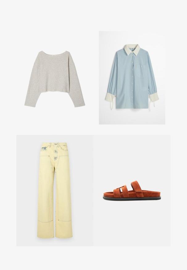 Lys grå, cropped sweater lavet af blød stof, med en bred udskæring og lange ærmer i en afslappet pasform. Syet kantdetalje.; Lyseblå og hvide lodrette stribede skjorte med knapper, hvid krave og manchetter, lange ærmer og enkelt brystlommer.; Gule jeans med vide ben, falmede detaljer, forlommer og sølvfarvet hardware. Designet i et glat, tekstureret bomuldsstof.; Brun ruskindssandale med tre remme over foden og en flad sort sål, vist fra siden på en hvid baggrund.