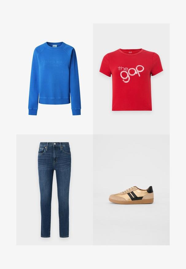 Sudadera azul de cuello redondo hecha de tela suave. Tiene un texto en relieve "PEPE JEANS LONDON WEST ELEVEN" en la parte frontal. Puños acanalados.; Camiseta de algodón roja con mangas cortas, cuello redondo y un gran logotipo de texto blanco brillante "the gap" en el centro. Diseño simple, sin patrones.; Pantalones vaqueros de mezclilla azul oscuro con corte slim, diseño de cinco bolsillos, detalles de botones de cobre y ligera decoloración en la parte frontal. Dobladillo limpio y cinturilla estándar.; Zapatillas de cuero beige con acentos negros, con una suela de goma texturizada, puntera redonda y un diseño clásico de cordones.