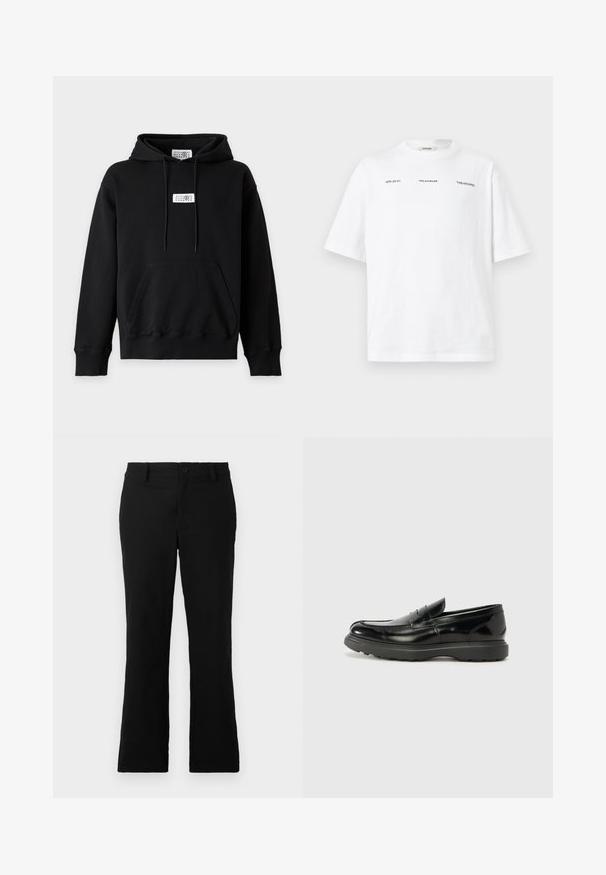 Sweat à capuche noir avec poche kangourou sur le devant, cordon de serrage à la capuche et étiquette rectangulaire blanche avec des chiffres centrés sur la poitrine et à l'intérieur du col.; T-shirt blanc à manches courtes avec un petit texte noir "HZW (26-27)", "Holzweiler" et "'TABLESCAPES" sur la poitrine, présenté sur un fond uni.; Pantalons évasés noirs en tissu mélangé coton, dotés d'une fermeture à bouton, de passants de ceinture et d'une texture lisse sans motifs visibles.; Mocassin en cuir noir avec une finition brillante, bout arrondi, détails de couture subtils et semelle en caoutchouc épaisse pour la durabilité.