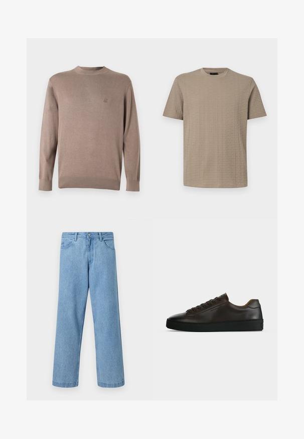 Pull en maille marron avec un col rond, des poignets et un ourlet côtelés. Présente un petit logo brodé sur la poitrine dans une couleur assortie.; T-shirt beige pour homme à manches courtes avec col rond, orné d'un motif subtil en relief du nom de la marque répété sur tout le tissu.; Jean en denim bleu clair à jambes droites avec poches devant, passants de ceinture et fermeture par bouton, sur fond uni.; Baskets basses en cuir marron foncé avec semelle en caoutchouc noire, lacets à l'avant et design minimaliste épuré sur fond clair.