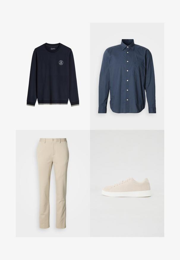 Sweat-shirt bleu marine à manches longues avec logo blanc sur la poitrine gauche et bordure rayée blanche sur les poignets et l'ourlet.; Chemise bleu marine à manches longues, à motif à petits carreaux, avec une poche poitrine unique et des boutons blancs sur fond uni.; Pantalons en coton beige avec une coupe droite, fermeture à bouton et devant plat. Le matériau a une texture lisse et un minimum de détails.; Baskets en daim beige avec semelles en caoutchouc blanc, bout rond et six œillets pour les lacets. Texture lisse avec un design minimaliste.