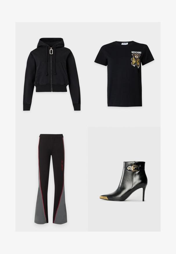 Sweat à capuche noir zippé avec poches kangourou à l'avant, poignets et ourlet côtelés, capuche à cordon et une grande tirette argentée.; T-shirt noir à manches courtes avec un petit ours en peluche enveloppé d'un ruban à mesurer jaune et le mot "Moschino" imprimé sur la poitrine.; Pantalon évasé noir et gris avec passepoil rouge et texte cursif rouge sur la cuisse gauche, taille élastique, vue de face sur fond blanc.; Bottine noire en cuir brillant, avec un bout pointu, un talon aiguille, et des accessoires dorés ornés d'une boucle décorative.