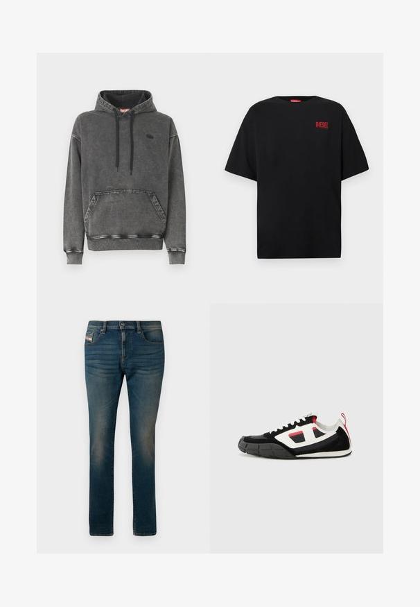 Hoodie en denim gris avec une poche avant, des cordons noirs et un logo discret sur la poitrine. Comprend des poignets et un ourlet côtelés.; T-shirt noir en coton, avec des manches courtes, un col rond, et un logo rouge "DIESEL" sur le côté gauche de la poitrine.; Jeans bleu foncé en denim, dotés de cinq poches, d'une fermeture à bouton et d'une légère décoloration sur les cuisses pour un aspect usé.; Diesel S PAGODHA LOW - Baskets basses - black