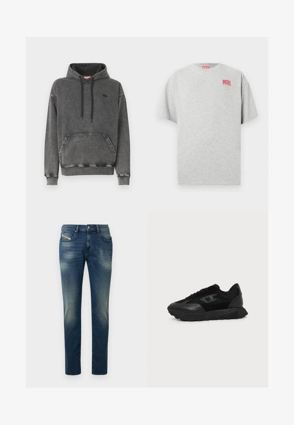 Hoodie en denim gris avec une poche avant, des cordons noirs et un logo discret sur la poitrine. Comprend des poignets et un ourlet côtelés.; T-shirt en coton gris avec un col rond et des manches courtes. Présente un petit logo rouge « DIESEL » sur la poitrine. Texture lisse.; Jean en denim bleu foncé avec un effet délavé, coupe droite et genou légèrement usé. Comprend des poches avant et une fermeture par bouton en métal.; Baskets basses noires avec semelle texturée, dessus en mesh et cuir, fermeture à lacets devant, et petit logo embossé sur le panneau latéral.