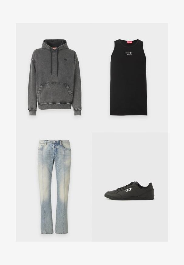 Hoodie en denim gris avec une poche avant, des cordons noirs et un logo discret sur la poitrine. Comprend des poignets et un ourlet côtelés.; Débardeur noir sans manches en coton. Présente un col rond et un petit logo Diesel blanc sur la poitrine. Texture lisse.; Jean en denim bleu clair avec une coupe droite, couture double, poches avant et finition délavée. Aucun logo visible.; Baskets synthétiques noires avec une semelle noire texturée, un bout rond et des lacets plats noirs. Logo blanc remarquablement placé sur le côté extérieur.