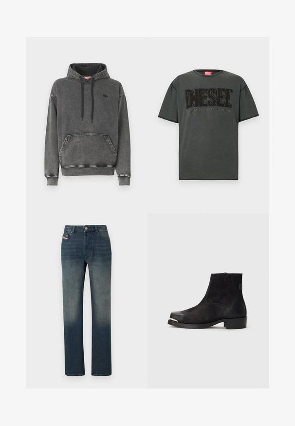 Hoodie en denim gris avec une poche avant, des cordons noirs et un logo discret sur la poitrine. Comprend des poignets et un ourlet côtelés.; T-shirt à manches courtes gris foncé en coton. Présente un grand logo DIESEL noir et le texte "FOR SUCCESSFUL LIVING" dans un design contrastant.; Jean en denim bleu à jambe droite avec lavage délavé, fermeture avant par bouton et fermeture éclair, et design à cinq poches.; Bottine noire en matériaux en daim et cuir, à bout rond, petit talon, accent métallique argenté sur le bout et panneaux latéraux élastiques.