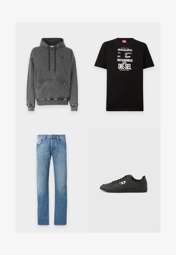 Hoodie en denim gris avec une poche avant, des cordons noirs et un logo discret sur la poitrine. Comprend des poignets et un ourlet côtelés.; T-shirt noir en coton avec des graphismes textuels blancs audacieux, incluant "DIESEL" et "INDUSTRY", avec un col rond et des manches courtes.; Jean en denim bleu clair à jambe droite, doté d'une braguette à boutons, de cinq poches et de détails de couture discrets sur les poches arrière.; Baskets synthétiques noires avec une semelle noire texturée, un bout rond et des lacets plats noirs. Logo blanc remarquablement placé sur le côté extérieur.