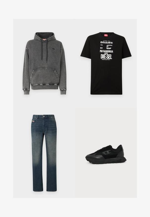 Hoodie en denim gris avec une poche avant, des cordons noirs et un logo discret sur la poitrine. Comprend des poignets et un ourlet côtelés.; T-shirt noir en coton avec des graphismes textuels blancs audacieux, incluant "DIESEL" et "INDUSTRY", avec un col rond et des manches courtes.; Jean en denim bleu à jambe droite avec lavage délavé, fermeture avant par bouton et fermeture éclair, et design à cinq poches.; Baskets basses noires avec semelle texturée, dessus en mesh et cuir, fermeture à lacets devant, et petit logo embossé sur le panneau latéral.