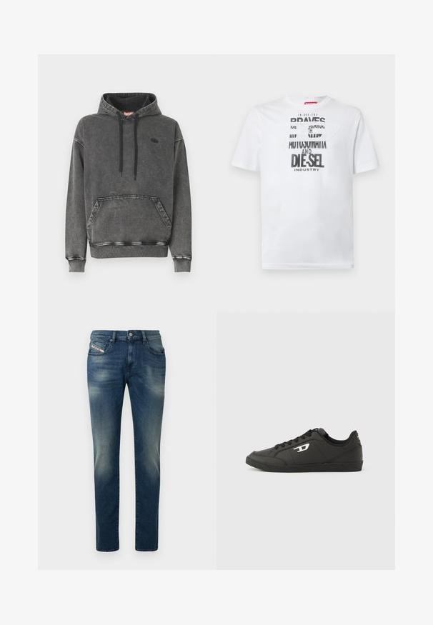 Hoodie en denim gris avec une poche avant, des cordons noirs et un logo discret sur la poitrine. Comprend des poignets et un ourlet côtelés.; T-shirt en coton blanc avec une typographie noire audacieuse affichant les mots "BRAVES" et "DIE-SEL INDUSTRY" ainsi qu'un design découpé semi-transparent.; Jean en denim bleu foncé avec un effet délavé, coupe droite et genou légèrement usé. Comprend des poches avant et une fermeture par bouton en métal.; Baskets synthétiques noires avec une semelle noire texturée, un bout rond et des lacets plats noirs. Logo blanc remarquablement placé sur le côté extérieur.