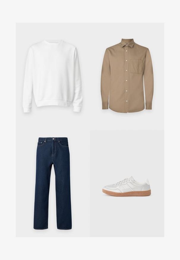 Sweatshirt blanc à col rond fabriqué en coton doux. Manches longues, poignets et ourlet côtelés, texture lisse et design minimaliste.; Chemise marron à manches longues avec un devant boutonné, col pointu, poche poitrine simple et texture de tissu lisse et mate.; Jean en denim bleu foncé avec une coupe droite, cinq poches et des coutures visibles. Possède un bouton de fermeture et des passants de ceinture.; Baskets argentées avec une texture lisse, un design à lacets, des accents perforés et une semelle en caoutchouc marron texturé.