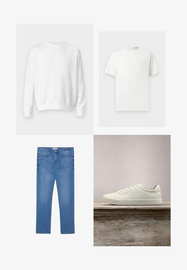 Λευκή μπλούζα crewneck από μαλακό βαμβακερό ύφασμα. Μακριά μανίκια, ribbed μανσέτες και στρίφωμα, ομαλή υφή και μινιμαλιστικός σχεδιασμός.; Απλό λευκό T-shirt με κοντά μανίκια και στρογγυλή λαιμόκοψη, εμφανίζεται σε ανοιχτό γκρι φόντο.; Ανοιχτογάλαζα τζιν παντελόνια με ίσια γραμμή, σχέδιο πέντε τσέπες, ελαφριά ξεθώριασμα και μεταλλικές λεπτομέρειες στη μέση και τις τσέπες.; Λευκά sneakers με κορδόνια που αιωρούνται πάνω από ξύλινο παγκάκι με πράσινη βλάστηση στο φόντο, επιδεικνύοντας το σχέδιο και την υφή του παπουτσιού.