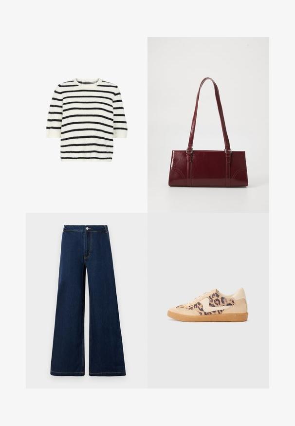 Korte mouwen trui van zachte, fuzzy stof met horizontale zwart-witte strepen, ronde halslijn en een losse pasvorm.; Wijduitlopende denim jeans in donkerblauw met gouden stiksels, voorzien van een voorknop- en ritssluiting en een klassiek vijf-pocket ontwerp.; Luipaardprint sneakers met een beige suède bovenkant, tan rubberen zool en witte accenten. Ronde neus en vetersluiting met een gestructureerde afwerking.; Bourgondische handtas van glanzend materiaal, rechthoekige vorm, met twee schouderbanden en subtiele gebogen accenten aan de voorkant.