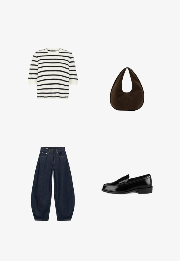 Pull à manches courtes en tissu doux et duveteux, présentant des rayures horizontales noires et blanches, un col rond et une coupe décontractée.; Jean en denim bleu foncé à jambes larges avec poches avant, passants de ceinture et fermeture par bouton à la taille.; Mocassin en cuir verni noir avec une semelle plate, des détails cousus et une bande décorative sur la partie supérieure. Fini lisse et brillant.; Sac à main en daim marron foncé en forme de croissant avec une seule sangle large et une texture lisse sur fond blanc.