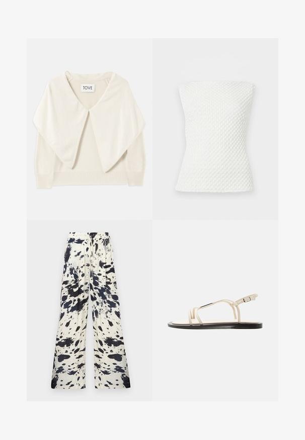 Cremefarvet strikket sweater med bred krave, lange ærmer og ribbet kant. Blød tekstur og minimalistisk design. Mærket siger "TOVE."; Hvid tekstureret strapless strikket top med en tætsiddende silhuet og et diskret honningkage-mønster.; Bukser med vide ben i letvægtsstof med et sort-hvidt splattermønster. Elastisk talje med læg for en afslappet pasform.; Beige flad sandal med tynde stropper, sølv accent på øverste rem og justerbar spænde på anklerem, sort sål.
