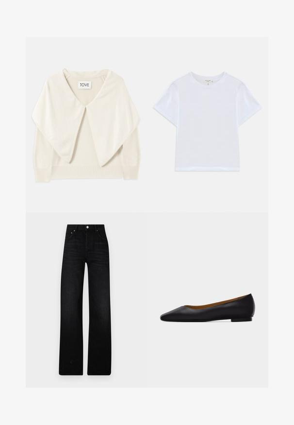 Cremefarvet strikket sweater med bred krave, lange ærmer og ribbet kant. Blød tekstur og minimalistisk design. Mærket siger "TOVE."; Hvid cropped t-shirt lavet af blødt bomuld, med rund hals og korte ærmer og en let løs pasform. Ingen mønstre eller accenter.; Sorte brede ben jeans lavet af denim. Har en høj talje, to forlommer og metalknaplukning. Struktureret overflade med minimal blege.; Sort læder flad sko med spids tå, lav hæl og glat finish, vist fra siden på en lysegrå baggrund.