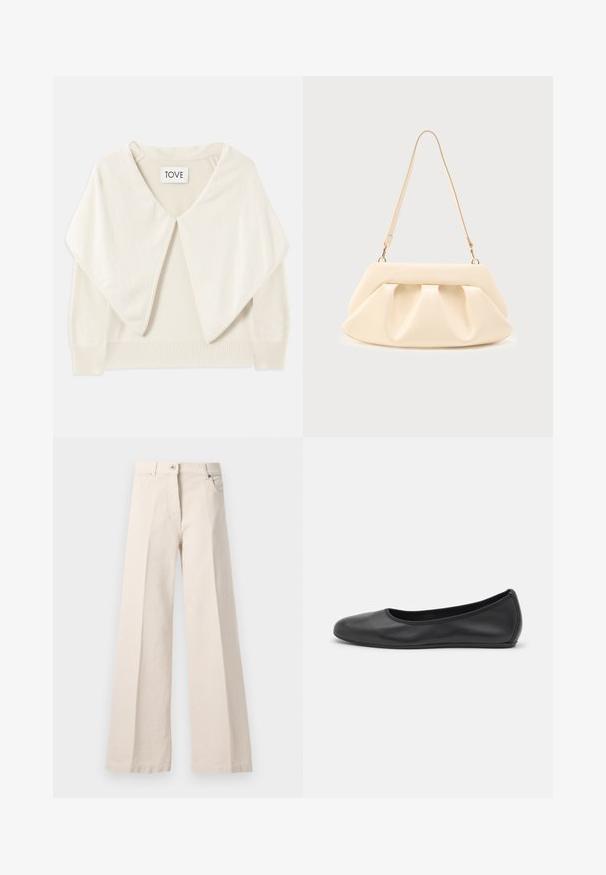 Cremefarvet strikket sweater med bred krave, lange ærmer og ribbet kant. Blød tekstur og minimalistisk design. Mærket siger "TOVE."; Beige højtaljede brede bukser med frontknap, lynlås, bæltestropper og sidelommer på en lys baggrund.; Sort læderballetsko med rund tå, glat tekstur, minimal syning og et fleksibelt såldesign.; Cremefarvet læderhåndtaske med sammenrullede plisseringer, guldfarvet hardware og en enkelt tynd skulderrem på en ensfarvet baggrund.