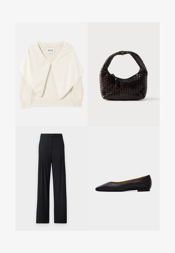 Pull en maille couleur crème avec un large col, des manches longues et un ourlet côtelé. Texture douce et design minimaliste. Étiquette portée "TOVE."; Pantalons larges noirs avec un devant plat, des plis et une taille ajustée. Fabriqués en tissu lisse et léger.; Chaussure plate en cuir noir à bout pointu avec talon bas et finition lisse, vue de côté sur un fond gris clair.; Sac à main en cuir tressé de couleur brun foncé, de forme arrondie avec une poignée épaisse et tressée. Dispose d'une fermeture éclair et d'un logo discret sur le côté.