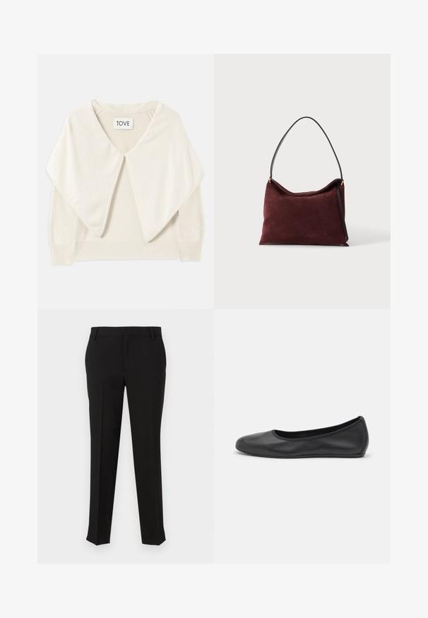 Pull en maille couleur crème avec un large col, des manches longues et un ourlet côtelé. Texture douce et design minimaliste. Étiquette portée "TOVE."; Pantalons noirs ajustés en tissu lisse, avec une coupe droite, des passants de ceinture et des poches latérales. Aucune motif ou matériel visible.; Ballerines en cuir noir avec un bout rond, texture lisse, détails de couture minimalistes et design de semelle flexible.; Sac à main en daim bordeaux doux avec bandoulière noire et ferrures dorées, présenté sur fond blanc.