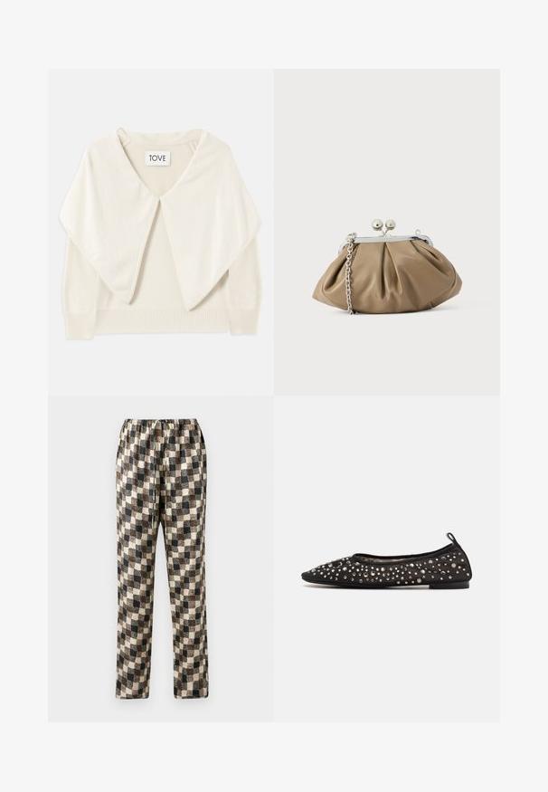 Pull en maille couleur crème avec un large col, des manches longues et un ourlet côtelé. Texture douce et design minimaliste. Étiquette portée "TOVE."; Pantalons à carreaux dans des teintes de noir, marron et crème avec une taille élastique ; tissu lisse avec un motif légèrement texturé.; Chaussure plate noire avec un design à bout pointu, embellie de divers strass métalliques, tige en tissu doux et semelle basse noire.; Pochette en cuir beige clair à la forme arrondie, texture plissée, fermeture à verrou argentée et bandoulière chaîne amovible.