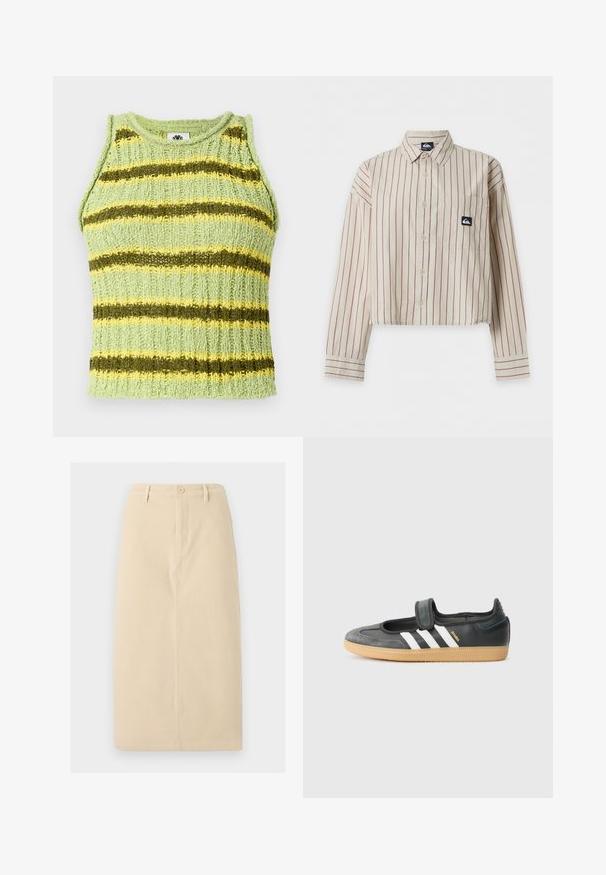 Un haut sans manches tricoté vert clair avec des rayures horizontales vert foncé et jaunes, texture côtelée et encolure ronde.; Chemise courte beige boutonnée, rayures verticales rouges, manches longues, poche poitrine et petit écusson logo noir et blanc sur la poche.; Jupe beige jusqu'aux genoux en tissu robuste, dotée d'une fermeture à boutons sur le devant et de détails de couture verticaux subtils.; Sneaker en cuir noir et suède avec une sangle Velcro, arborant trois bandes blanches et une semelle en caoutchouc, étiqueté "SAMBA" sur le côté.