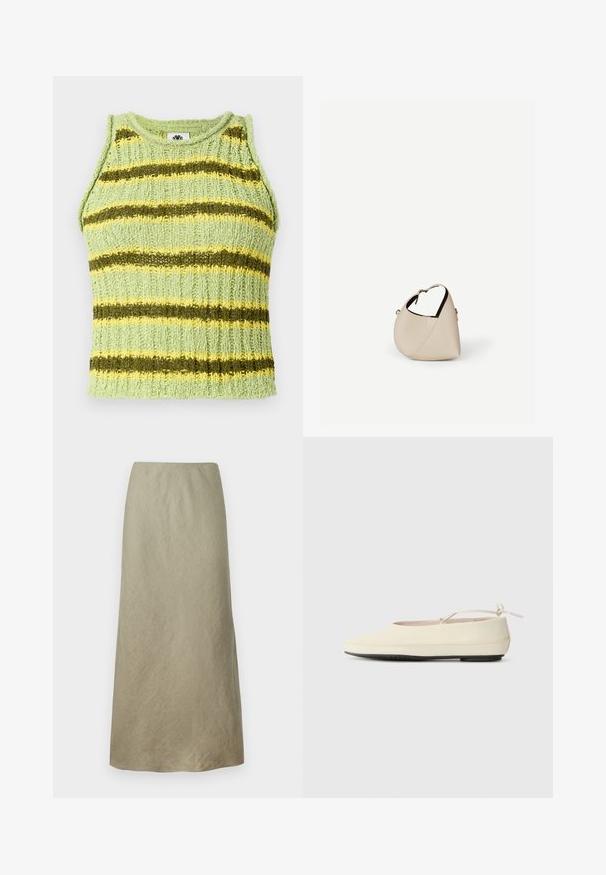 Un haut sans manches tricoté vert clair avec des rayures horizontales vert foncé et jaunes, texture côtelée et encolure ronde.; Jupe évasée à longueur genou en tissu vert olive doux avec une texture subtile et sans fermetures ni embellissements visibles.; Des chaussures plates de couleur crème avec un bout arrondi, une sangle à la cheville et une semelle en caoutchouc noir contrastante. Matériau lisse avec un detailing minimal.; Sac à main en cuir beige en forme de croissant avec une seule bandoulière et des coutures minimalistes, posé sur un fond blanc uni.