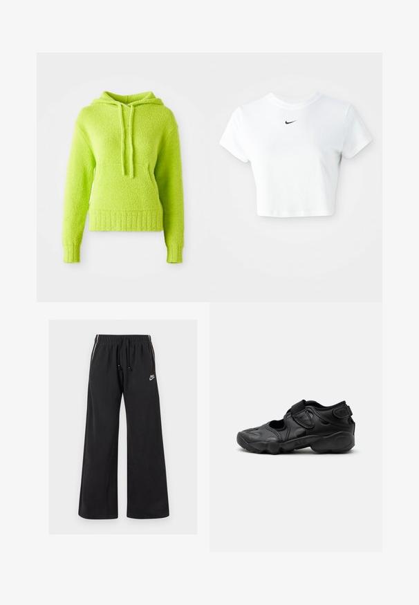 Haut en hoodie vert lime, moelleux, avec une surface texturée, une capuche à cordons et des bords côtelés. Caractéristiques : coupe décontractée et matériau doux.; T-shirt blanc court en coton, avec des manches courtes et un col rond, orné d'un logo Nike noir sur la poitrine.; Pantalons de survêtement noirs en tissu doux, dotés d'une taille élastique avec cordon de serrage, de rayures latérales et d'un petit logo sur le devant à gauche.; Sandale de sport noire avec bout fermé, brides Velcro au médio-pied et au talon, et semelle épaisse et rembourrée marquée "AIR" sur le côté.