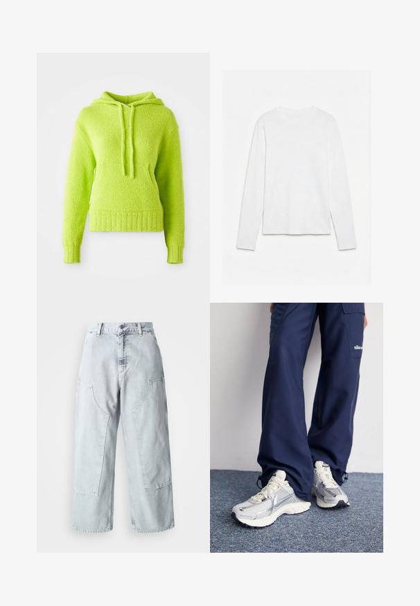 Λαχανί, φουντωτός hoodie με υφασμάτινη επιφάνεια, κουκούλα με κορδόνι και ριμπ μανσέτες και στρίφωμα. Διαθέτει χαλαρή εφαρμογή και μαλακό υλικό.; Απλό λευκό μακρυμάνικο μπλουζάκι με στρογγυλή λαιμόκοψη, τοποθετημένο επίπεδο σε λευκή επιφάνεια, εμφανίζοντας το μπροστινό μέρος και το μήκος των μανικιών.; Ανοιχτού μπλε τζιν παντελόνι με φαρδύ πόδι, μεγάλες πλευρικές τσέπες, ψηλή μέση και ελεύθερη εφαρμογή. Φθαρτή υφή με ματ τελείωμα.; Αθλητικά παπούτσια Nike με ασημένιο δίχτυ επάνω, λευκές λεπτομέρειες και υφασμάτινες σόλες, σε συνδυασμό με χαλαρούς ναυτικούς παντελονιού.