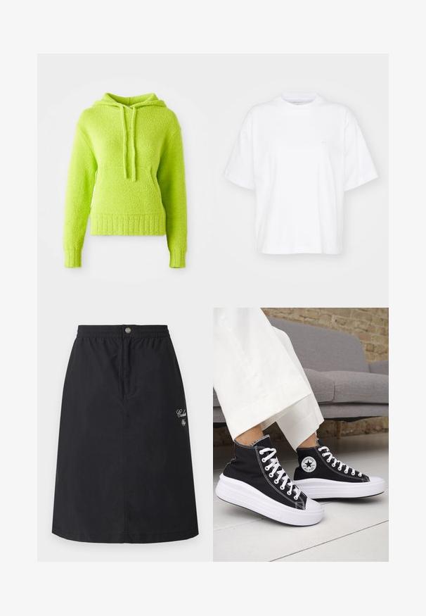 Λαχανί, φουντωτός hoodie με υφασμάτινη επιφάνεια, κουκούλα με κορδόνι και ριμπ μανσέτες και στρίφωμα. Διαθέτει χαλαρή εφαρμογή και μαλακό υλικό.; Λευκή βαμβακερή μπλούζα με στρογγυλή λαιμόκοψη, κοντά μανίκια και άνετη εφαρμογή. Διαθέτει μια διακριτική λογότυπο στην αριστερή περιοχή του στήθους. Λείος υφή.; Μαύρη φούστα από ελαφρύ ύφασμα, με ελαστική μέση και κούμπωμα με κουμπιά μπροστά, με κεντημένες λεπτομέρειες στο πλάι.; Μαύρα ψηλά αθλητικά παπούτσια με λαστιχένιες λευκές σόλες και κορδόνια. Διαθέτουν στρογγυλό λογότυπο και αντίθετη λευκή ραφή. Κατασκευασμένα από καμβά.