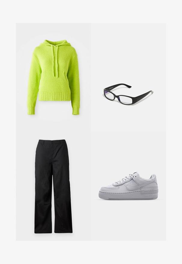 Haut en hoodie vert lime, moelleux, avec une surface texturée, une capuche à cordons et des bords côtelés. Caractéristiques : coupe décontractée et matériau doux.; Pantalons noirs à jambes larges en tissu lisse. Dotés d'une fermeture à bouton et de passants de ceinture. Sans motifs ni accents visibles.; Basket en cuir lisse gris Nike Air Force 1 avec un bout perforé, une semelle épaisse et un détail 'AIR' en relief sur le talon.; Des lunettes rectangulaires noires avec des verres transparents. Fini brillant, branches étroites et teinte violette visible sur les bords des verres.