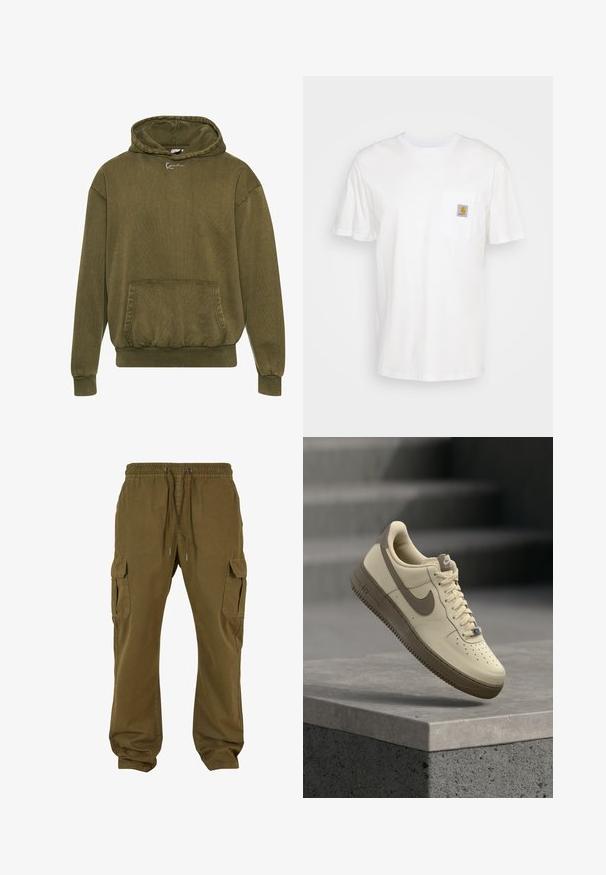 Olivenfarvet hættejakke lavet af struktureret stof, med en frontlomme, ribbede manchetter og kant, samt en hætte med snoretræk og logodesign.; Hvid bomulds T-shirt med korte ærmer, en brystlomme, og et lille firkantet logo patch i orange og hvid på lommen.; Olivengrønne cargo bukser med elastisk livlinje, snørelukning, to sidelommer og to cargo lommer på hver ben. Fremstillet af bomuldsstof.; Beige og brun Nike Air Force 1 sneaker med snørebånd, svævende over en betonoverflade med trapper i baggrunden.
