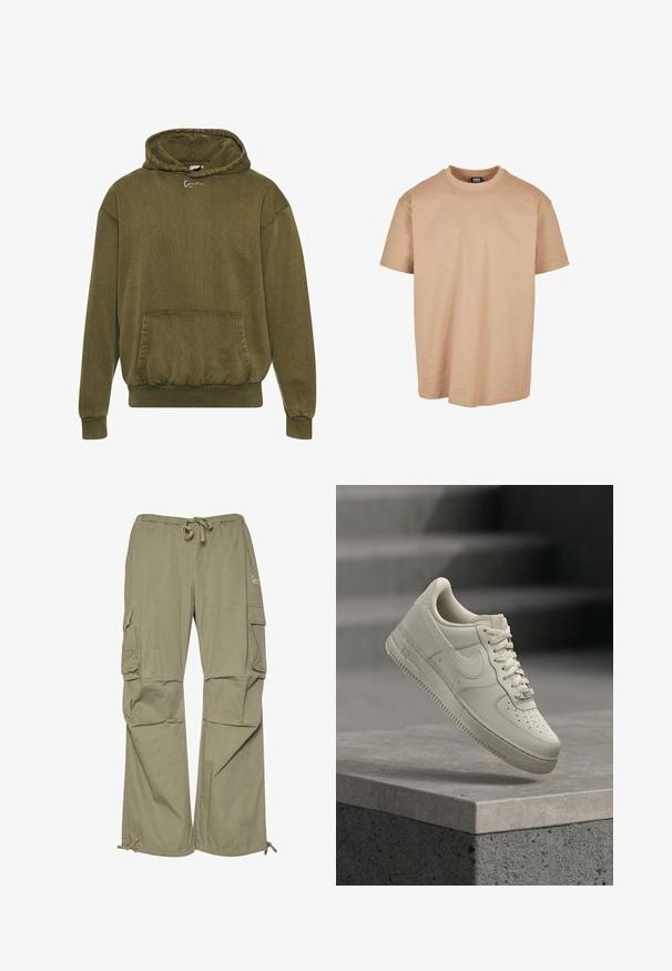 Olivenfarvet hættejakke lavet af struktureret stof, med en frontlomme, ribbede manchetter og kant, samt en hætte med snoretræk og logodesign.; Beige bomulds t-shirt med rund hals, korte ærmer og en afslappet pasform; har en glat tekstur og et minimalistisk design.; Cargo bukser i olivengrøn, lavet af let stof, med elastisk talje, justerbare manchetter og flere sidelommer.; En enkelt beige sneaker med snørebånd svæver over en grå betonoverflade, Nike-swoosh synlig, sløret baggrund med trappe.