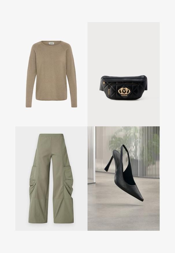 Lysebrunt langærmet sweater lavet af blødt stof, med en rund halsudskæring og ribbet tekstur. Enkel, udekoreret design.; Cargo-bukser i olivengrøn med elastisk talje, brede ben og flere sidelommer med rynkede stofdetaljer.; Sort læder slingback stilet hælsko med spids tå, svævende over en glat beton gulv og vertikal metal panel baggrund.; Sort quiltet læderbæltetaske med guld Love Moschino-logo og lynlåslomme foran på hvid baggrund.