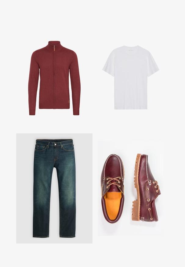 Rode ritsvest met een hoge kraag, geribde manchetten en zoom. Gebreide textuur, met een kleine leren accent bij de rits.; Witte katoenen T-shirt met korte mouwen, een ronde hals en een gladde textuur. Heeft minimale branding op de halslijn.; Donkerblauwe spijkerbroek met een rechte pijp, zichtbare stiksels, vijfzakkenmodel en een licht versleten uitstraling met lichte vervaging.; Bordeaux leren schoenen met bruine rubberen zolen, ronde neus, witte stiksels en gouden veterogen. Het interieur heeft een gele voering.