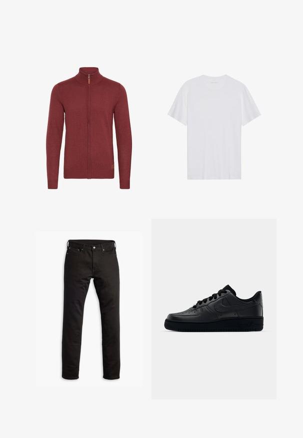 Rode ritsvest met een hoge kraag, geribde manchetten en zoom. Gebreide textuur, met een kleine leren accent bij de rits.; Witte katoenen T-shirt met korte mouwen, een ronde hals en een gladde textuur. Heeft minimale branding op de halslijn.; Zwarte denimjeans met een rechte pasvorm, zijzakken en een knoopsluiting. De stof heeft een soepele textuur en minimale details.; Zwarte Nike Air Force 1 sneaker met een gladde leren bovenkant, geperforeerde neus voor ademend vermogen, zwarte veters en een getextureerde rubberen zool.