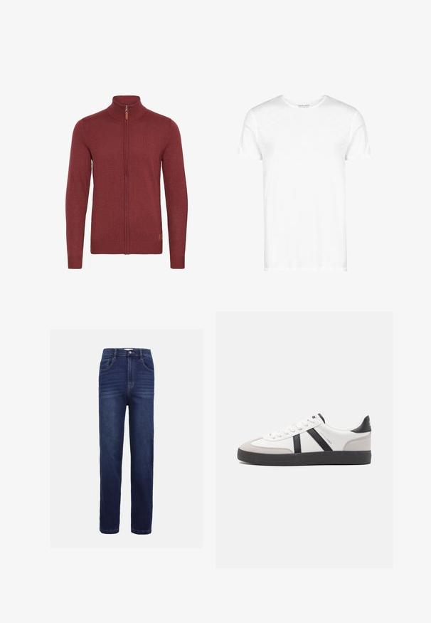 Suéter rojo con cremallera y cuello alto, con puños y dobladillo acanalados. Textura de punto, presenta un pequeño acento de cuero cerca de la cremallera.; Camiseta blanca de algodón ligero, con un cuello redondo clásico, mangas cortas y una tela ligeramente texturizada. Sin logotipos ni patrones.; Vaqueros de mezclilla en azul oscuro, con un diseño de pierna recta, cinco bolsillos, cierre de botón y sutiles detalles de costura horizontal.; Zapatilla blanca con acentos en negro y gris, que presenta una puntera texturizada en gris, suela de goma negra y cordones planos blancos. Diseño limpio, estilo minimalista.
