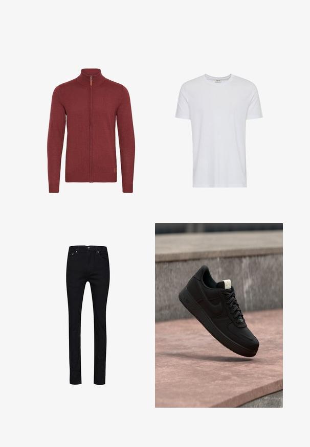 Rode ritsvest met een hoge kraag, geribde manchetten en zoom. Gebreide textuur, met een kleine leren accent bij de rits.; Effen wit T-shirt met korte mouwen en een ronde hals, getoond op een witte achtergrond, met een klein neklabel waarop het merk “Solid” staat.; Zwarte jeans van denim, met een rechte pasvorm, vijf zakken, knopen van metaal en een enkele achterzak met stiksel detail.; Zwarte Nike Air Force 1 sneaker die boven een roze betonnen richel zweeft met een grijze stenen achtergrond, met zij- en bovenzijde details.