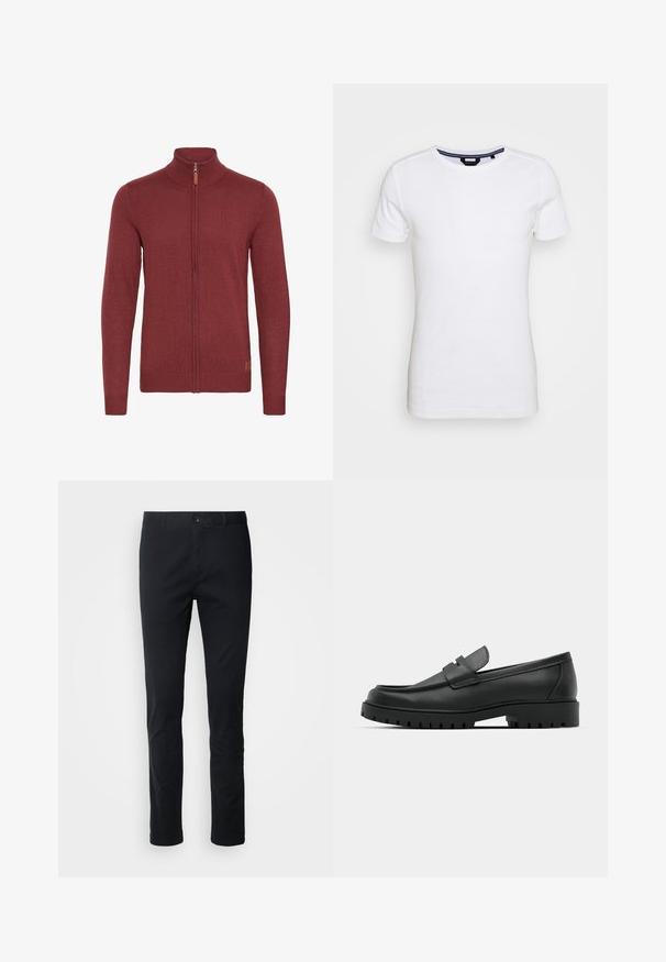 Rode ritsvest met een hoge kraag, geribde manchetten en zoom. Gebreide textuur, met een kleine leren accent bij de rits.; Lindbergh T-shirt basic - white; Zwarte, recht gesneden broek van een katoenmix. Voorzien van een knoopsluiting en riemlussen. Glad oppervlak zonder zichtbare patronen.; Zwarte leren instappers met een ronde neus, voorzien van een gestikt ontwerp, een lage platformzool en een gestructureerde, grof rubberen buitenzool.
