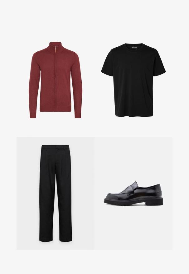 Rød zip-up sweater med høj krave, ribbede manchetter og kant. Strikket tekstur med et lille læderaccent nær lynlåsen.; Ensfarvet sort t-shirt med korte ærmer og rund hals, herrepasform, uden synlige mønstre eller logoer foran.; Sorte bukser lavet af glat stof, med et lige ben-design, to frontfolder og en standard talje med bæltestropper.; Sorte læder slip-on sko med et slankt design, rund tå og en tyk, struktureret gummisål. Har en dekorativ rem på tværs foran.