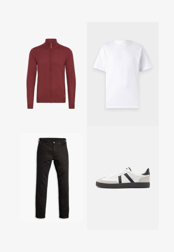 Rode ritsvest met een hoge kraag, geribde manchetten en zoom. Gebreide textuur, met een kleine leren accent bij de rits.; Witte T-shirt met korte mouwen, gemaakt van katoen, met een ronde hals. Het heeft een gladde textuur en een eenvoudig ontwerp zonder patronen of accenten.; Zwarte denimjeans met een rechte pasvorm, zijzakken en een knoopsluiting. De stof heeft een soepele textuur en minimale details.; Witte sneaker met zwarte en grijze accenten, voorzien van een grijze neus met textuur, zwarte rubberen zool en platte witte veters. Schoon ontwerp, minimalistische stijl.