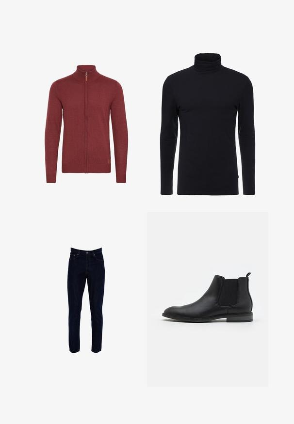 Rød zip-up sweater med høj krave, ribbede manchetter og kant. Strikket tekstur med et lille læderaccent nær lynlåsen.; Sort langærmet turtleneck skjorte lavet af blødt, strækbart stof. Har et tætsiddende design og en glat tekstur. Ingen synlige mønstre eller accenter.; Mørkeblå denim jeans med lige ben. Har fem lommer, kontrastsytråde og en standard talje med knaplukning.; Sort læder Chelsea støvle med elastiske sidelapper, rund tå og trækflap, der har en lav blokhælt og glat overflade.