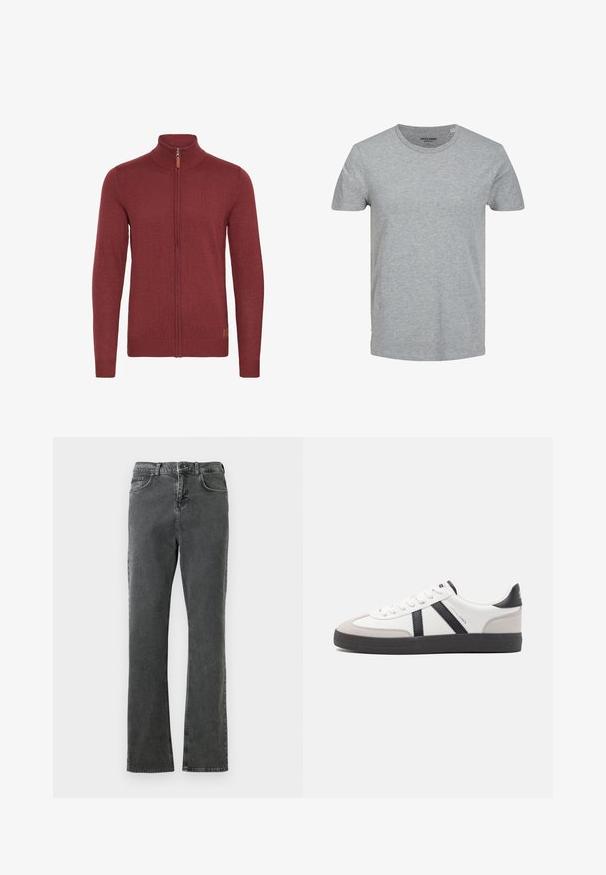 Rode ritsvest met een hoge kraag, geribde manchetten en zoom. Gebreide textuur, met een kleine leren accent bij de rits.; Grijze T-shirt met korte mouwen, gemaakt van zachte katoen. Kenmerkt zich door een klassieke ronde halslijn en een reguliere pasvorm. Eenvoudig ontwerp zonder patronen of accenten.; Grijze denim jeans met een recht gesneden ontwerp, voorzien van vijf zakken, een knoop- en ritssluiting, en zichtbare stikdetails.; Witte sneaker met zwarte en grijze accenten, voorzien van een grijze neus met textuur, zwarte rubberen zool en platte witte veters. Schoon ontwerp, minimalistische stijl.