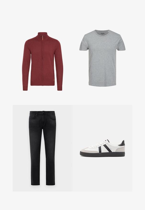Rød zip-up sweater med høj krave, ribbede manchetter og kant. Strikket tekstur med et lille læderaccent nær lynlåsen.; Grå kortærmet T-shirt lavet af blød bomuld. Har en klassisk rund halsudskæring og en regulær pasform. Enkel design uden mønstre eller detaljer.; Sorte slim-fit jeans med fem lommer, bæltestropper og knaplukning, lagt fladt mod en hvid baggrund.; Hvide sneakers med sorte og grå detaljer, med en tekstureret grå tåhætte, sort gummisål og flade hvide snørebånd. Rent design, minimalistisk stil.