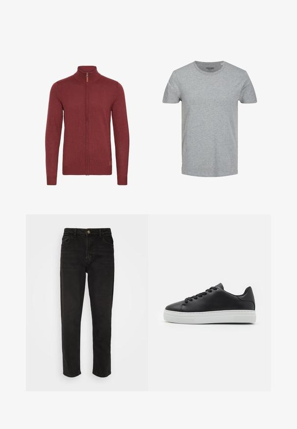 Rode ritsvest met een hoge kraag, geribde manchetten en zoom. Gebreide textuur, met een kleine leren accent bij de rits.; Grijze T-shirt met korte mouwen, gemaakt van zachte katoen. Kenmerkt zich door een klassieke ronde halslijn en een reguliere pasvorm. Eenvoudig ontwerp zonder patronen of accenten.; Zwarte denim jeans met een rechte pasvorm, hoge taille, knoopsluiting en vier zakken. Beschikt over een klassiek vijf-zakkenontwerp.; Zwarte leren sneaker met ronde neus, witte rubberen zool en zwarte veters. Kenmerkt zich door een gladde afwerking en minimalistisch ontwerp.