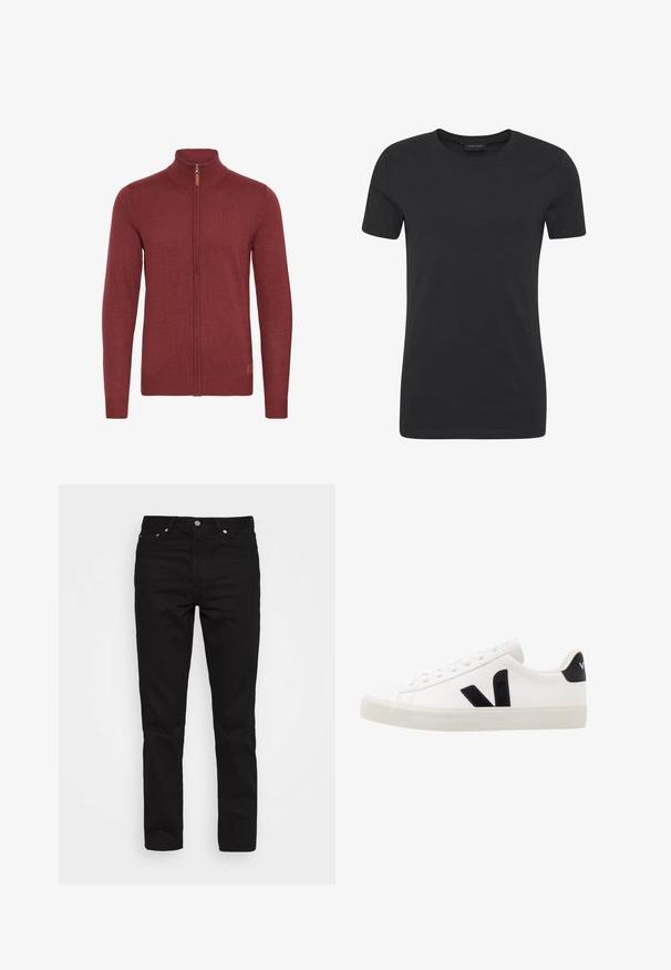Rød zip-up sweater med høj krave, ribbede manchetter og kant. Strikket tekstur med et lille læderaccent nær lynlåsen.; Sort bomulds t-shirt med rund halsudskæring, korte ærmer og regular fit. Har en glat overflade og minimalistisk design.; Sorte denimbukser med lige ben, fem lommer og metalbeslag; glat tekstur og klassisk mørk farve.; Hvide lædersneakers med sorte ruskindsdetaljer; har en gummisål, rund tå og klassisk snørebåndsdesign. Side logo i sort.