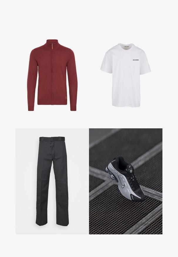 Rød zip-up sweater med høj krave, ribbede manchetter og kant. Strikket tekstur med et lille læderaccent nær lynlåsen.; Hvid bomulds t-shirt med korte ærmer, rund halsudskæring og et lille sort tekstlogo på venstre brystområde. Renset, minimalistisk design.; Sorte bukser lavet af holdbart stof, med et lige ben-design, en talje med bæltesløjfer og sømme for ekstra struktur.; Nike atletiksko med et sort og sølv design. Lavet af syntetisk materiale med mesh-detaljer og en støttende sål med synlig luftstødabsorbering.