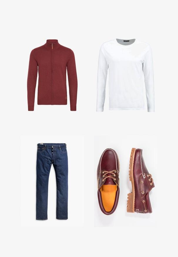 Rød zip-up sweater med høj krave, ribbede manchetter og kant. Strikket tekstur med et lille læderaccent nær lynlåsen.; Hvid langærmet t-shirt lavet af bomuld, med rund hals og en glat tekstur. Ingen mønstre eller detaljer. Enkel design.; Mørkeblå denim jeans med lige ben, kontrastsyninger, knappelukning og fem lomme-stil.; Bordeaux lædersko med brune gummisåler, rund tå, hvid syning og gyldne snøringer. Indersiden har et gult for.