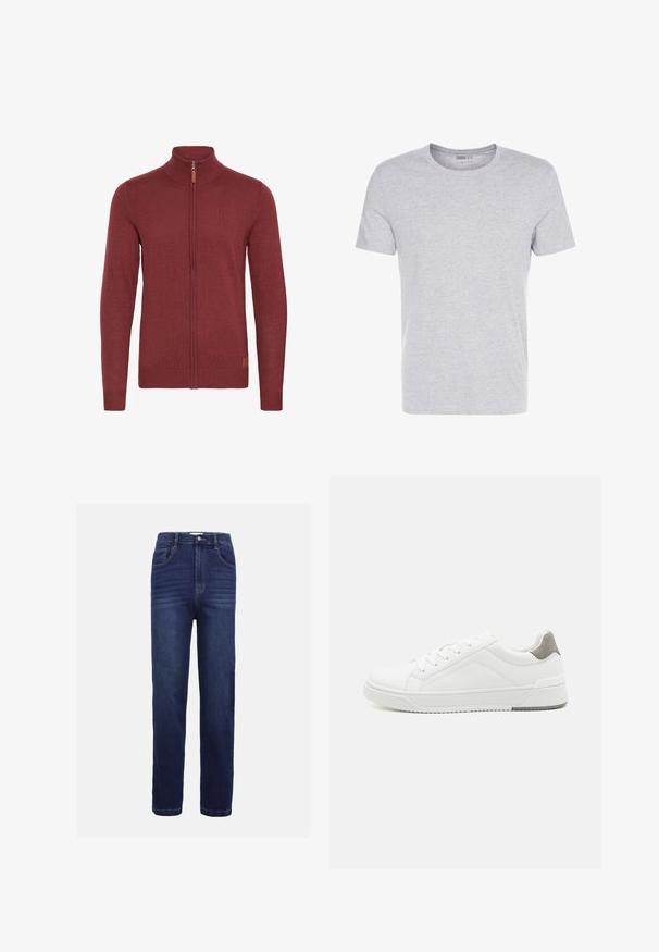 Rode ritsvest met een hoge kraag, geribde manchetten en zoom. Gebreide textuur, met een kleine leren accent bij de rits.; Grijze katoenen t-shirt met een ronde hals, korte mouwen en een eenvoudige uitstraling, met een zachte, gladde textuur en zonder zichtbare patronen of versieringen.; Donkerblauwe denim jeans met een recht model, vijf zakken, een knoopsluiting en subtiele horizontale stiksels.; Witte sneaker van glad leer met een ronde neus, minimalistisch ontwerp, grijze hielaccent en een geplaatste rubberen zool.